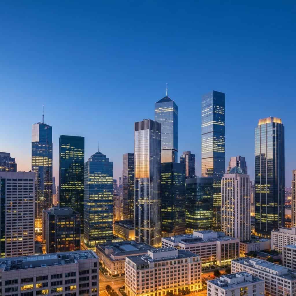 Aerial view of a modern commercial real estate skyline with high-rise office towers