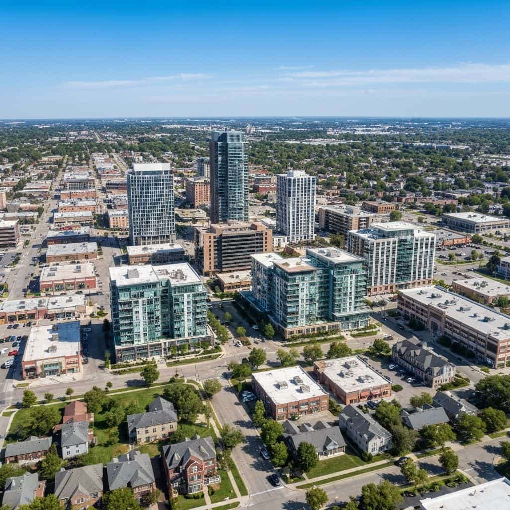 Aerial view of a growing secondary market city representing CRE investment opportunities