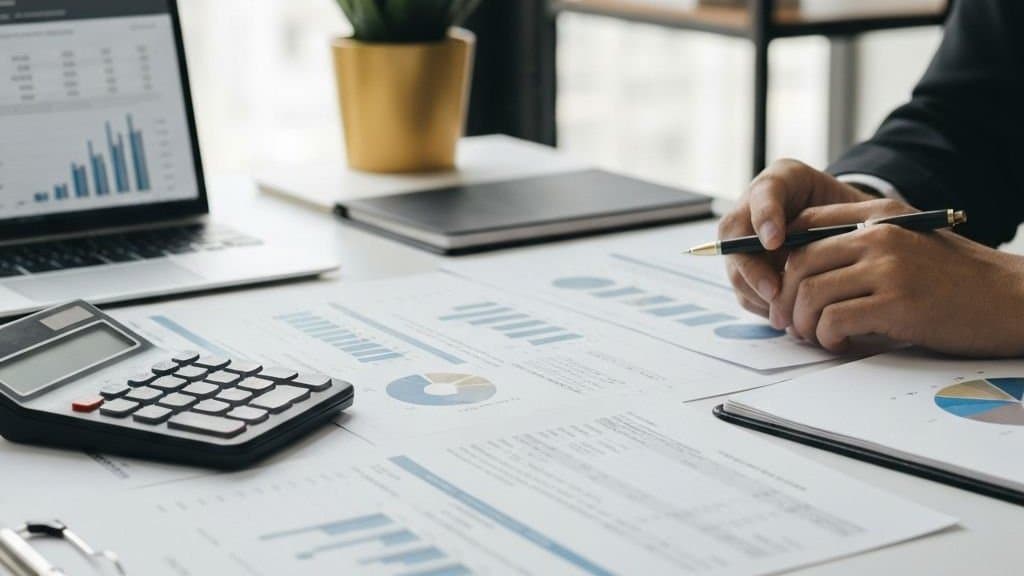 Underwriting spreadsheets, a calculator and a laptop with charts on an office desk