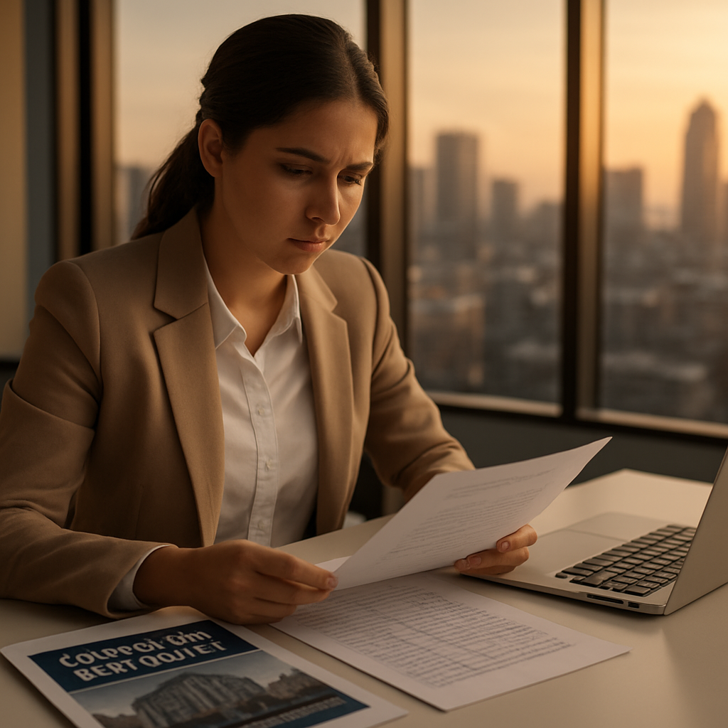 Professional studying commercial real estate documents in modern office