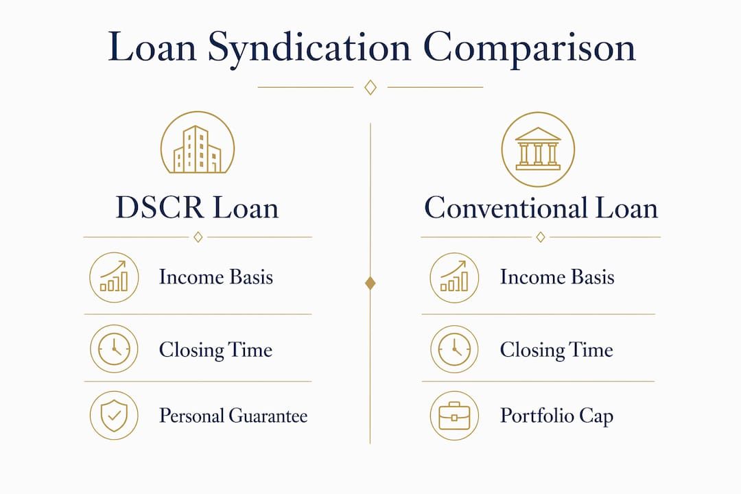 Infographic comparing DSCR and conventional loan syndication